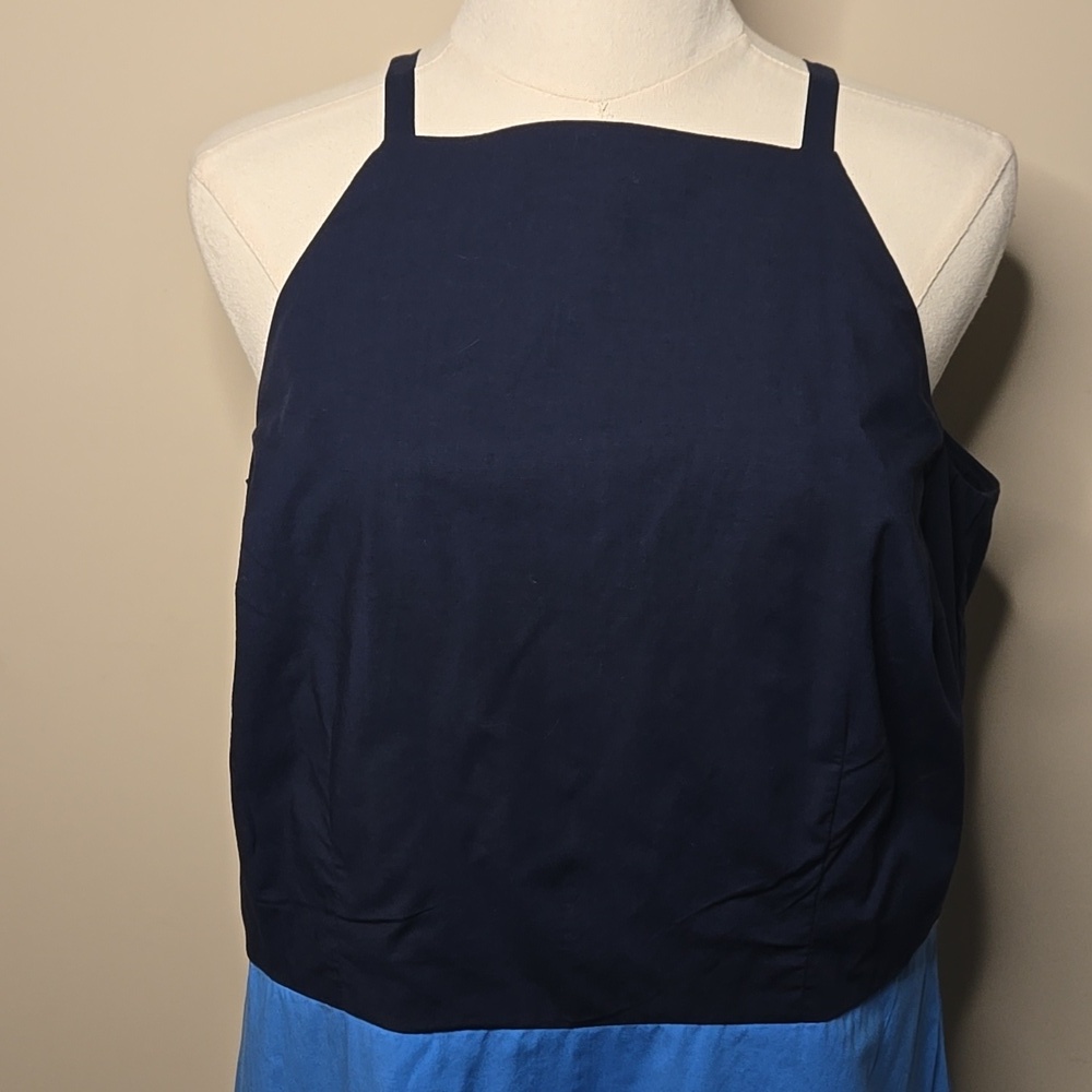 Ann Taylor Colorblock Tiered Midi Dress Navy Blue Blue White Scalloped Hem 12P - Picture 3 of 7